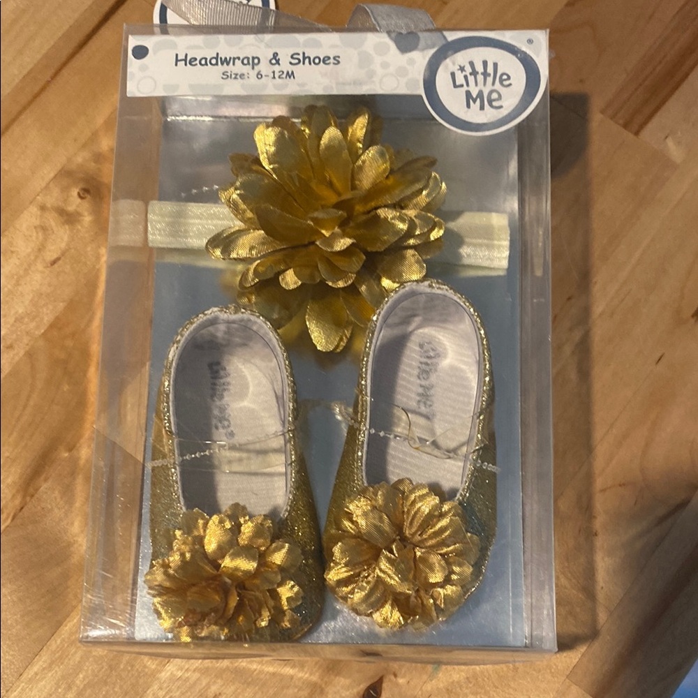 Little Me Gold Dress Shoes with Floral Detail